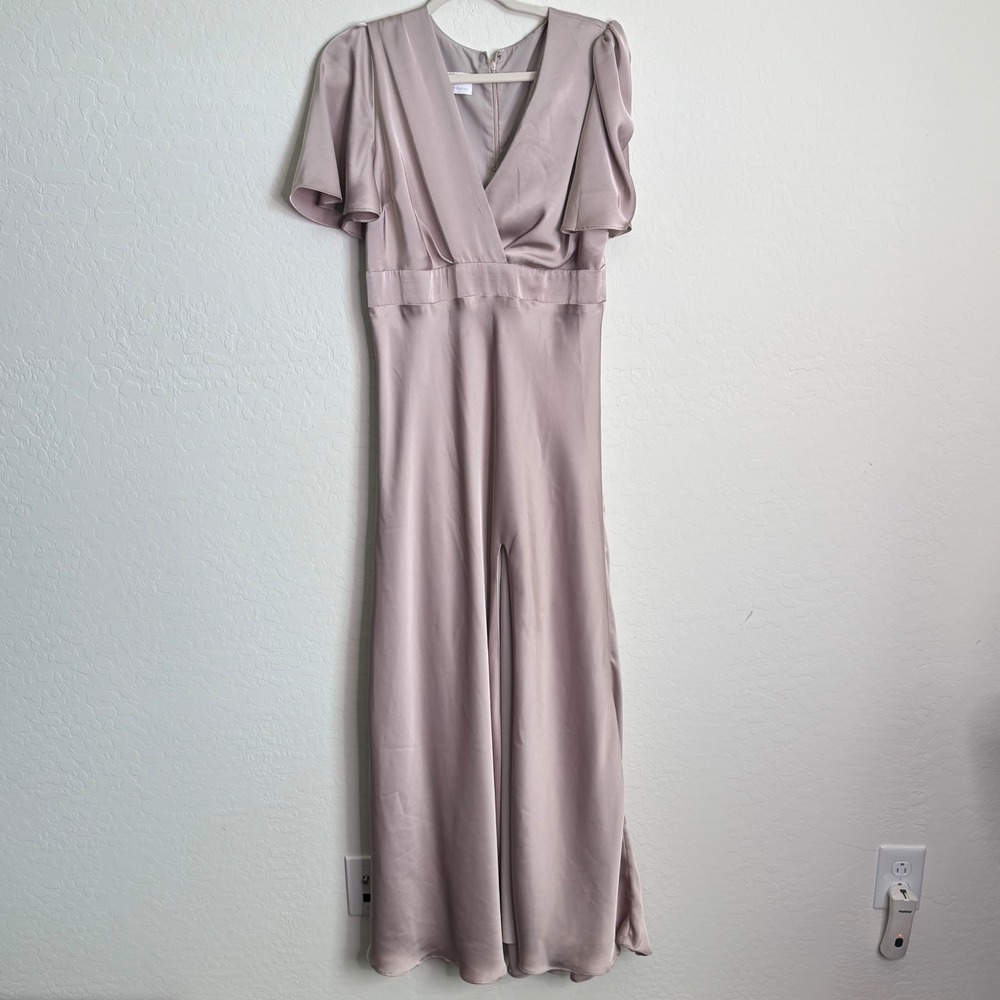 Birdy Grey Hannah Dress L Flutter Sleeves Crepe Mauve Maxi Formal Bridesmaid